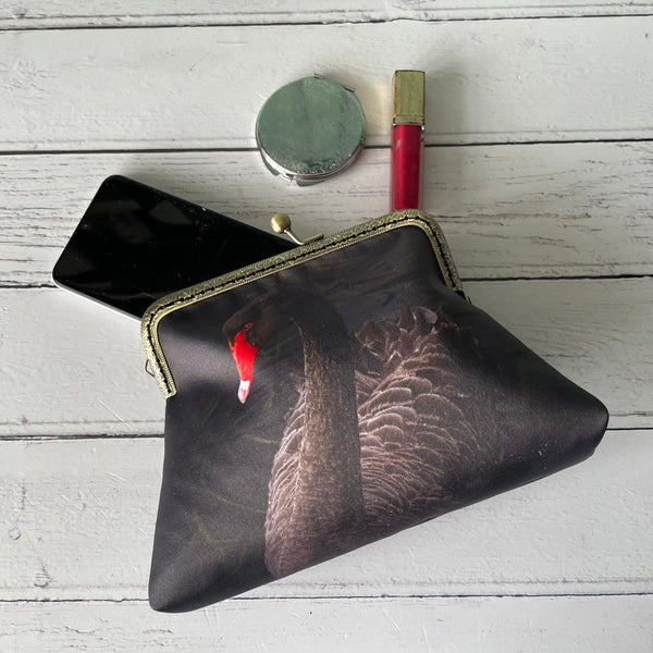 Black Swan Satin 5.5 Clasp Purse Frame Clutch Bag