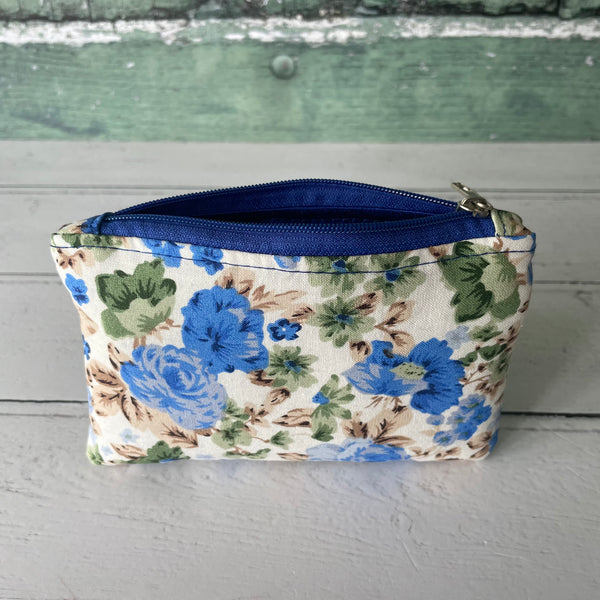 Blue Roses Floral Cotton Coin Zipper Purse Pouch