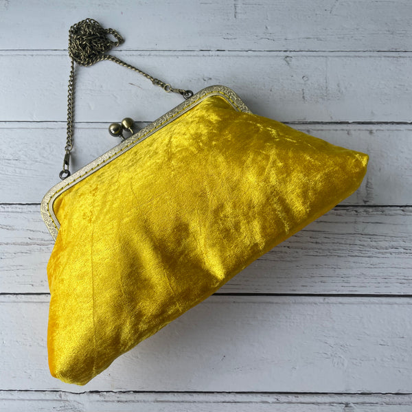 Sunflower Yellow Crushed Velvet 8 Inch Bronze Clasp Purse Frame Clutch Bag