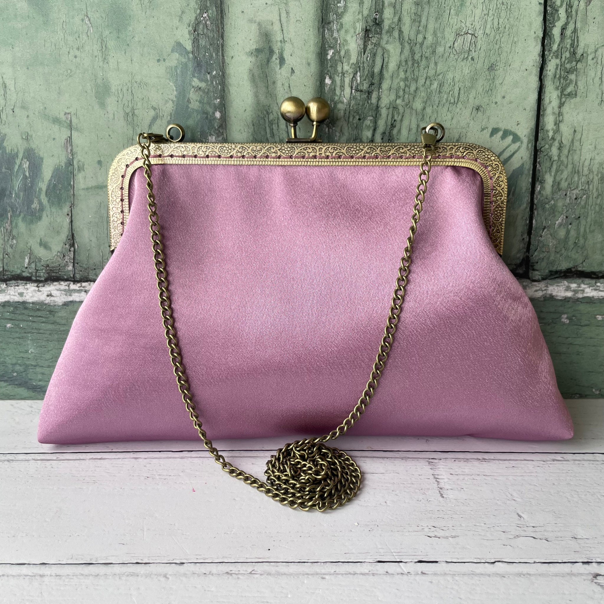 Antique Dusty Pink Satin 8 Inch Bronze Clasp Purse Frame Clutch Bag