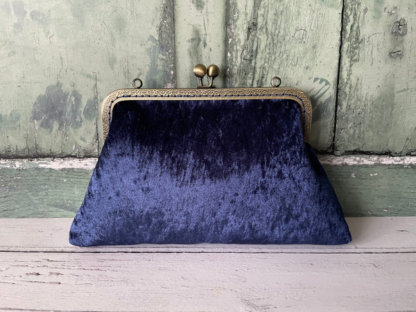 Navy Blue Crushed Velvet 8 Inch Bronze Clasp Purse Frame Clutch Bag