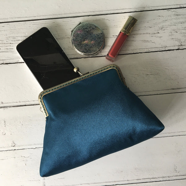 Petrol Blue Satin 5.5 Inch Clasp Purse Frame Clutch Bag