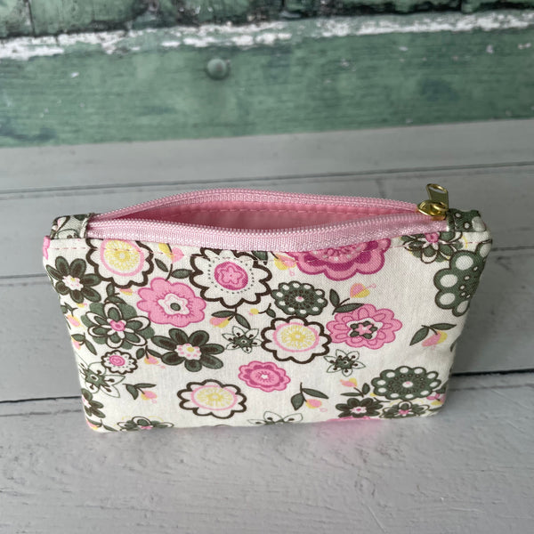 Retro Pink and Green Floral Cotton Coin Zipper Purse Pouch