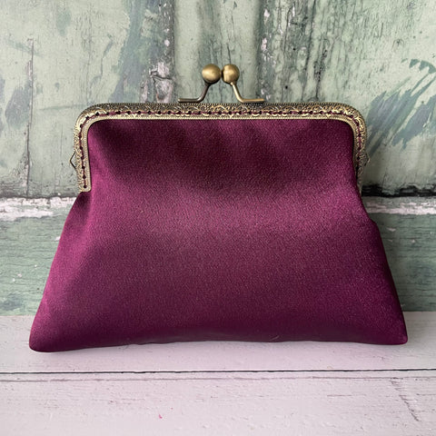 Aubergine Plum Satin 5.5 Clasp Purse Frame Clutch Bag