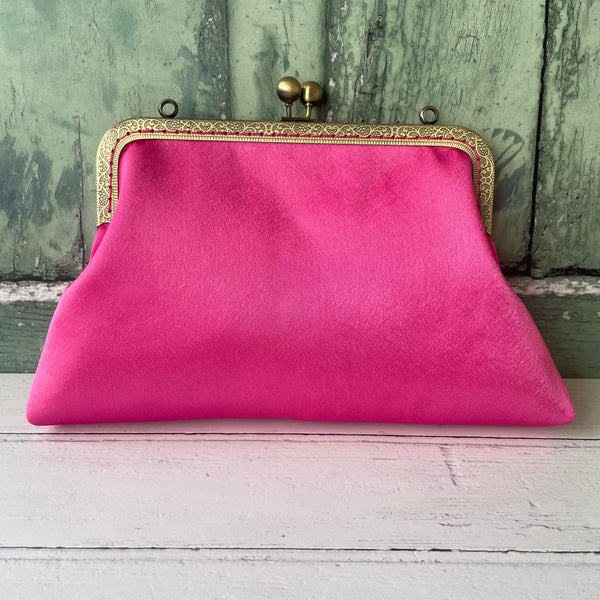 Hot Pink Satin 8 Inch Bronze Clasp Purse Frame Clutch Bag