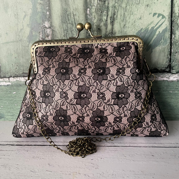 Champagne Satin and Black Floral Lace 5.5 Inch Clasp Purse Frame Clutch Bag