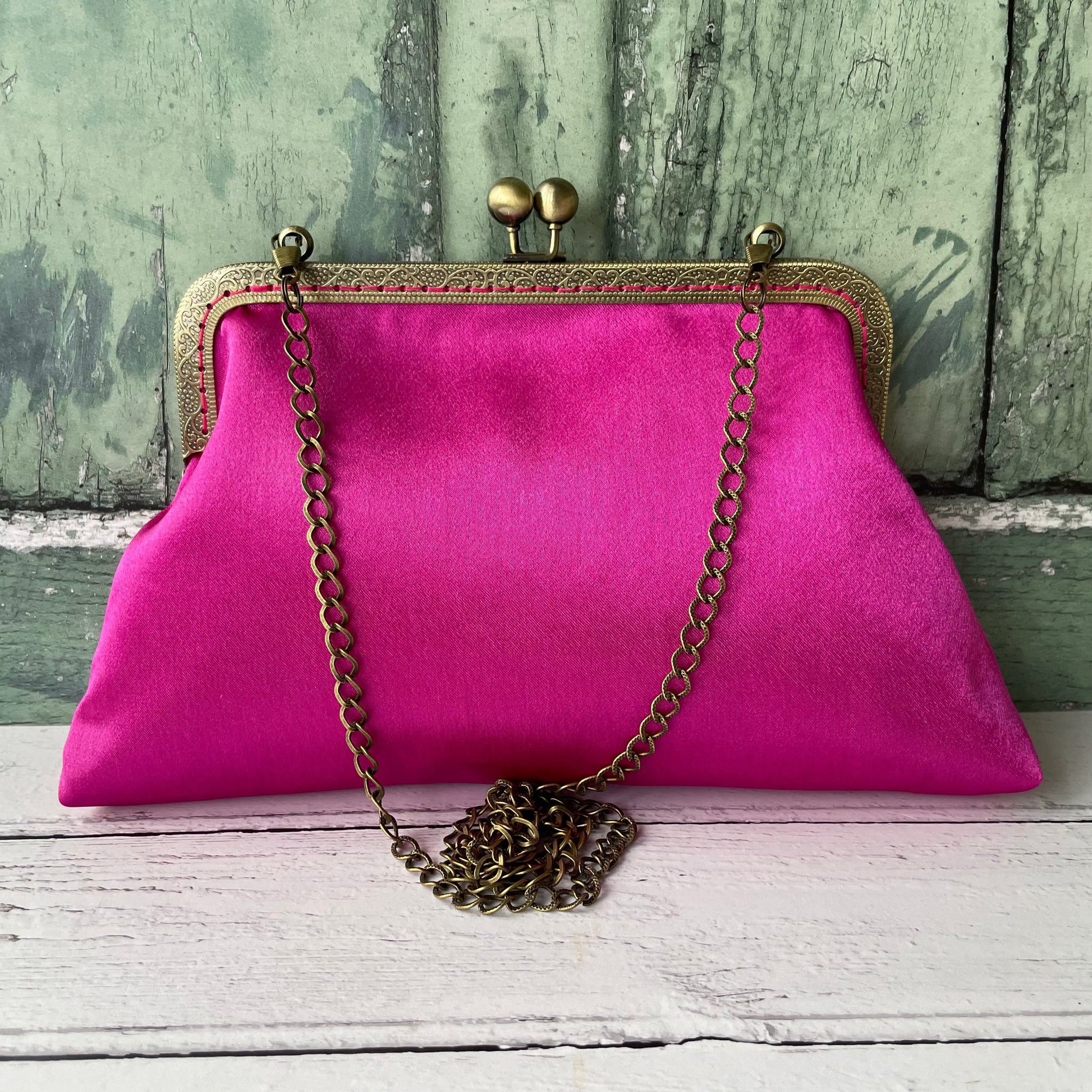 Fuchsia Pink Satin 8 Inch Bronze Clasp Purse Frame Clutch Bag
