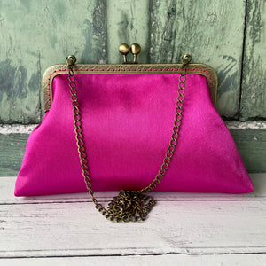 Fuchsia Pink Satin 8 Inch Bronze Clasp Purse Frame Clutch Bag