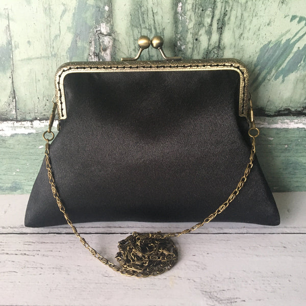 Black Satin 5.5 Clasp Purse Frame Clutch Bag