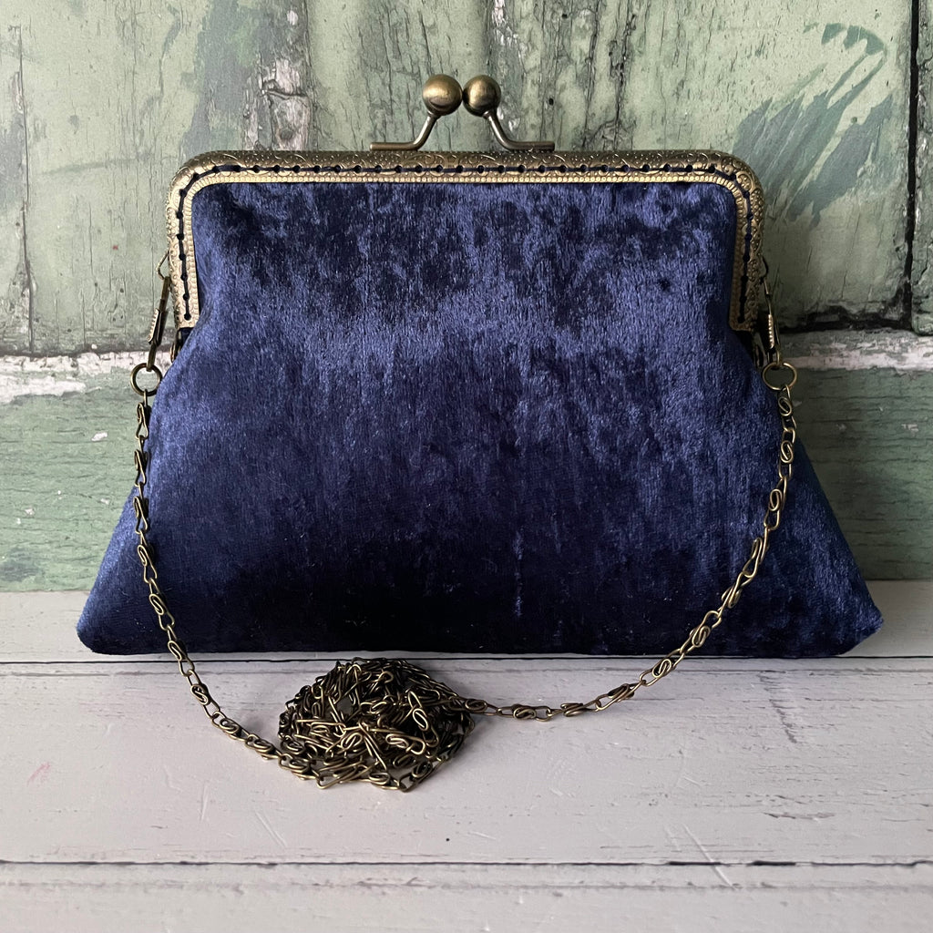Navy Blue Crushed Velvet 5.5 Clasp Purse Frame Wedding Clutch Bag