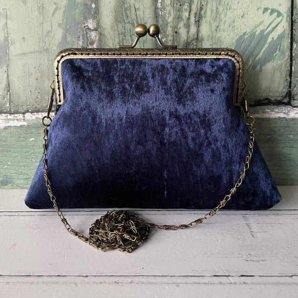 Navy Blue Crushed Velvet 5.5 Clasp Purse Frame Clutch Bag