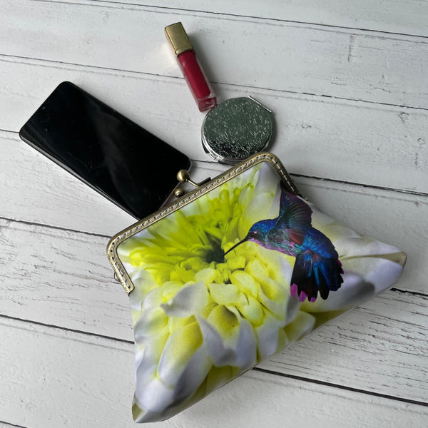 White Lime Chrysanthemum and Hummingbird Satin 5.5 Bronze Clasp Purse Frame Clutch Bag