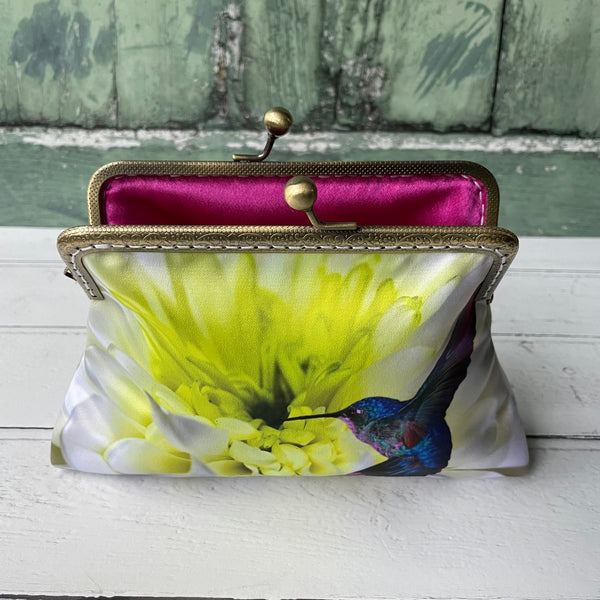 White Lime Chrysanthemum and Hummingbird Satin 5.5 Bronze Clasp Purse Frame Clutch Bag