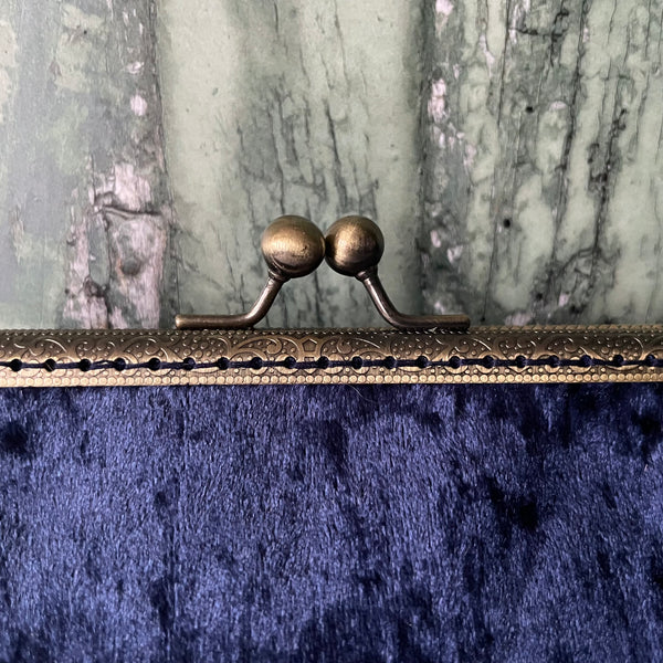 Navy Blue Crushed Velvet 5.5 Clasp Purse Frame Clutch Bag